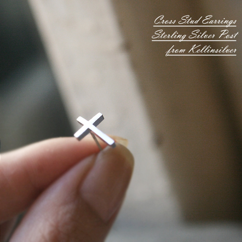 Blushed Silver Cross Stud Earrings