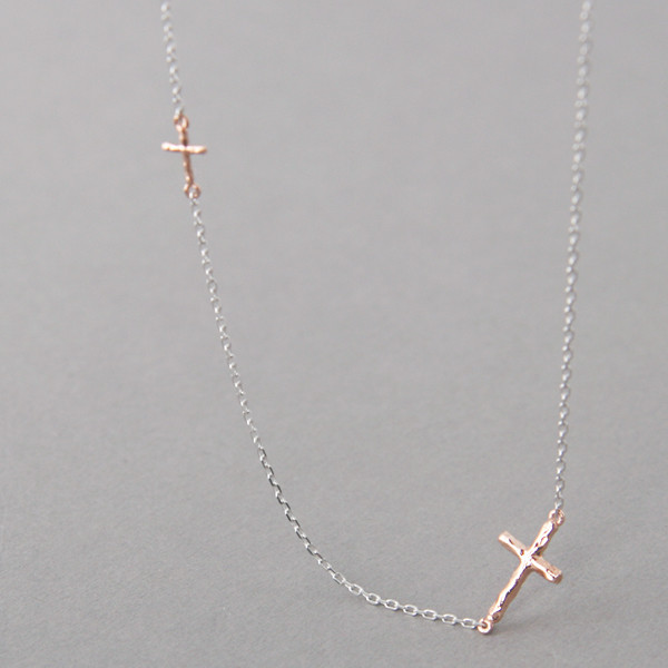 Tiny Hammered Rose Gold Sideways Crosses Necklace Sterling Silver from kellinsilver.com