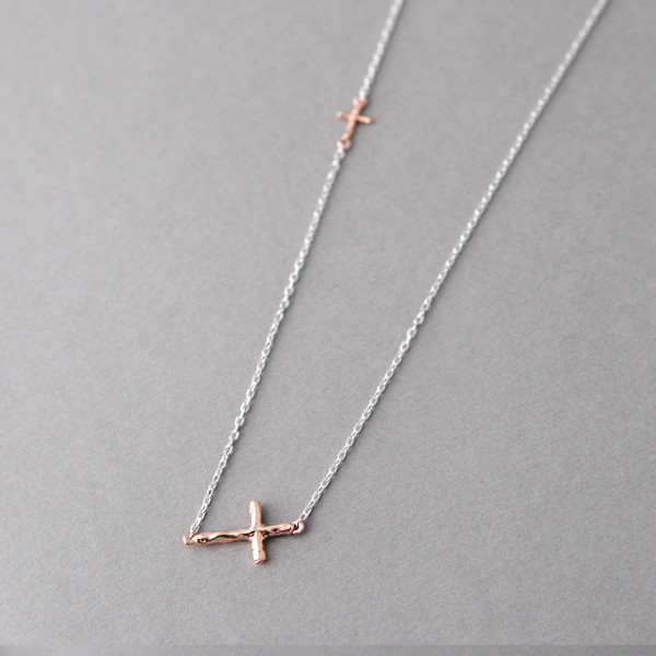 Tiny Hammered Rose Gold Sideways Crosses Necklace Sterling Silver from kellinsilver.com
