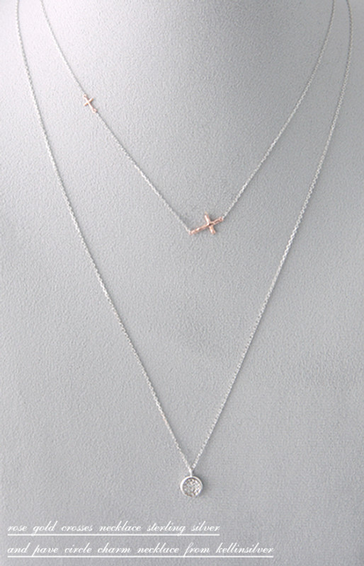 Tiny Hammered Rose Gold Sideways Crosses Necklace Sterling Silver from kellinsilver.com