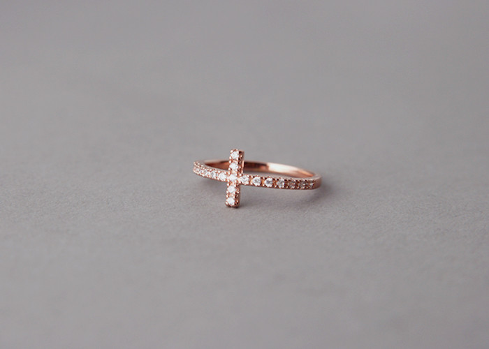CZ Sideways Cross Ring Rose Gold