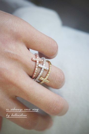 CZ Sideways Cross Ring Rose Gold