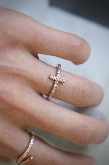 CZ Sideways Cross Ring Rose Gold