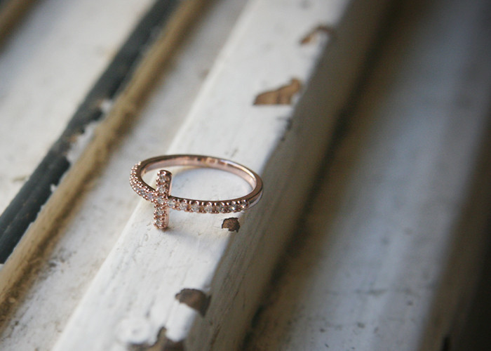 CZ Sideways Cross Ring Rose Gold