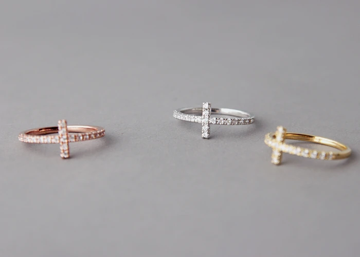 CZ Sideways Cross Ring Gold