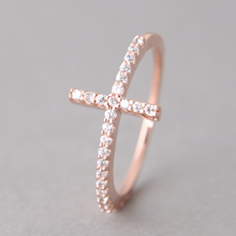 Rose Gold CZ Sideways Cross Ring Sterling Silver from kellinsilver.com