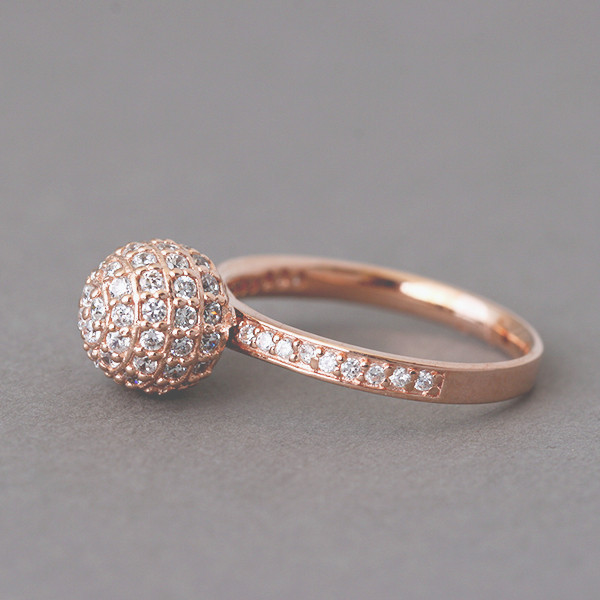 Rose Gold Pave Ball Ring Sterling Silver