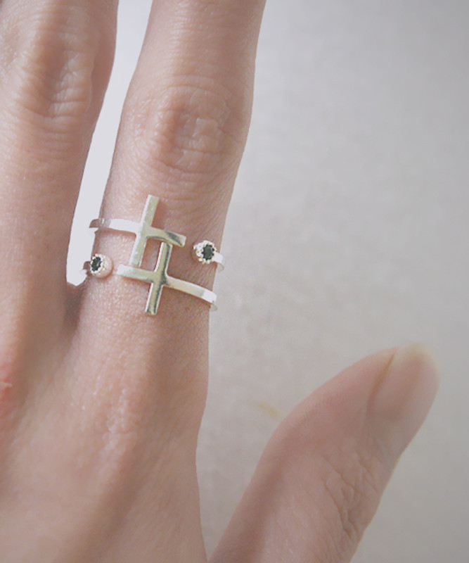 Black CZ Sideways Cross Wrap Ring Sterling Silver