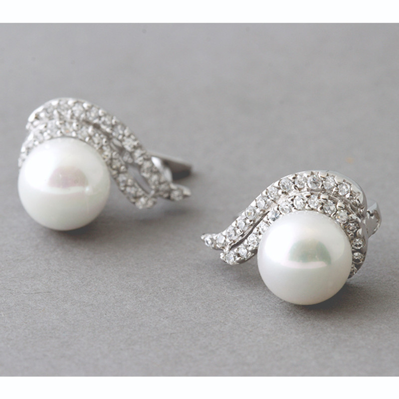 Shell Pearl and CZ Elegant Wave Earrings Sterling Silver