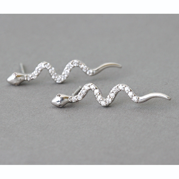 CZ Sterling Silver Snake Stud Earrings White Gold