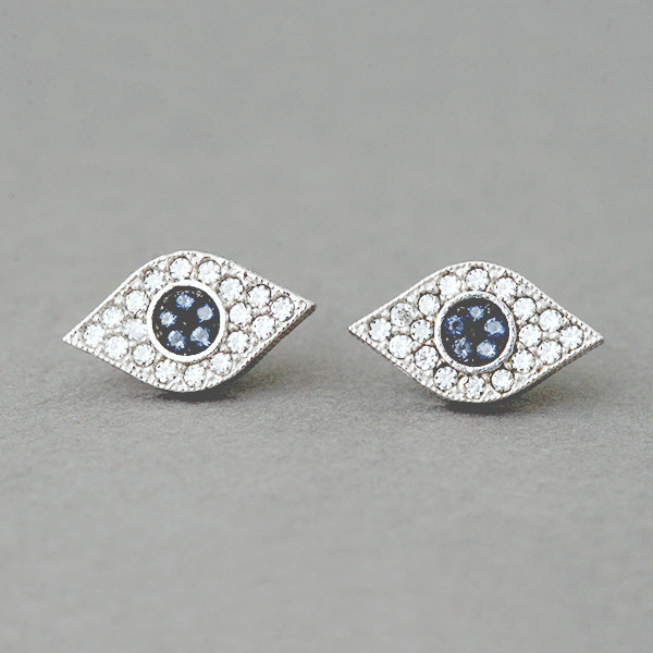 Pave Sapphire Swarovski Evil Eye Stud Earrings White Gold