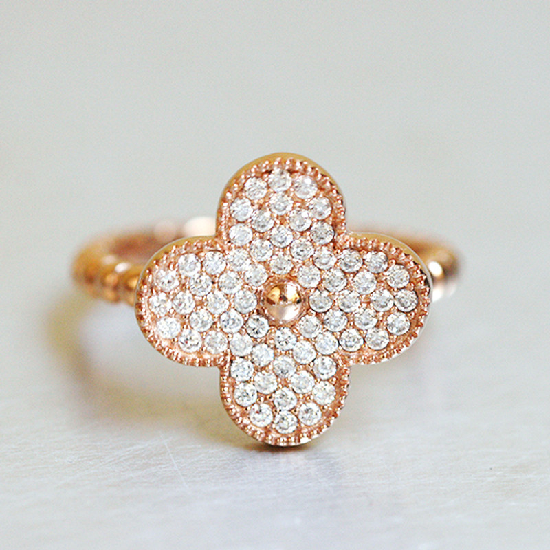 Vintage Size Pave Four Leaf Clover Ring Rose Gold in Sterling Silver from kellinsilver.com