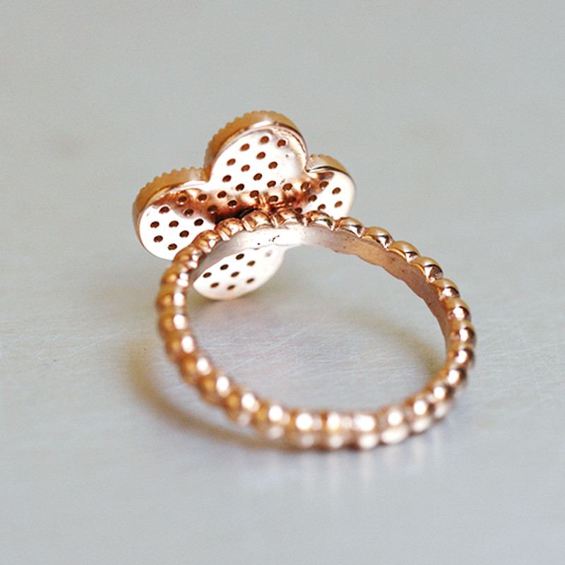 Vintage Size Pave Four Leaf Clover Ring Rose Gold in Sterling Silver from kellinsilver.com