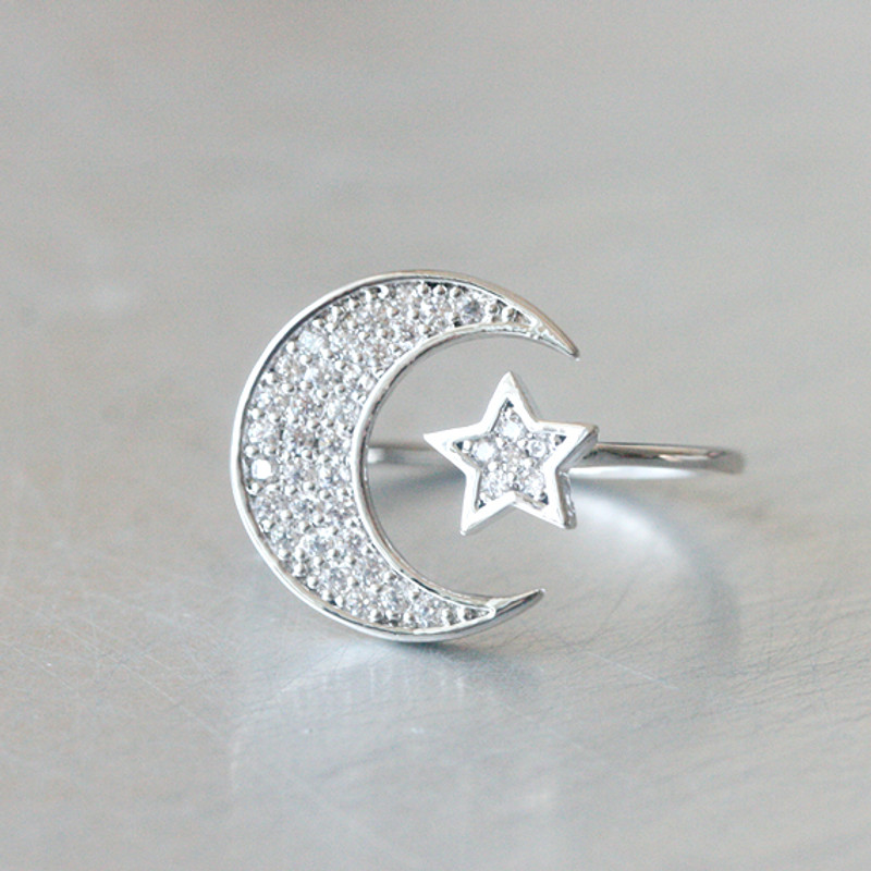 Swarovski Crescent Moon and Star Ring White Gold from kellinsilver.com