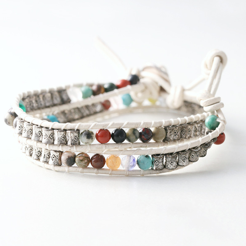 Stamp and Gemstone Beaded Cream Leather Wrap Bracelet from kellinsilver.com