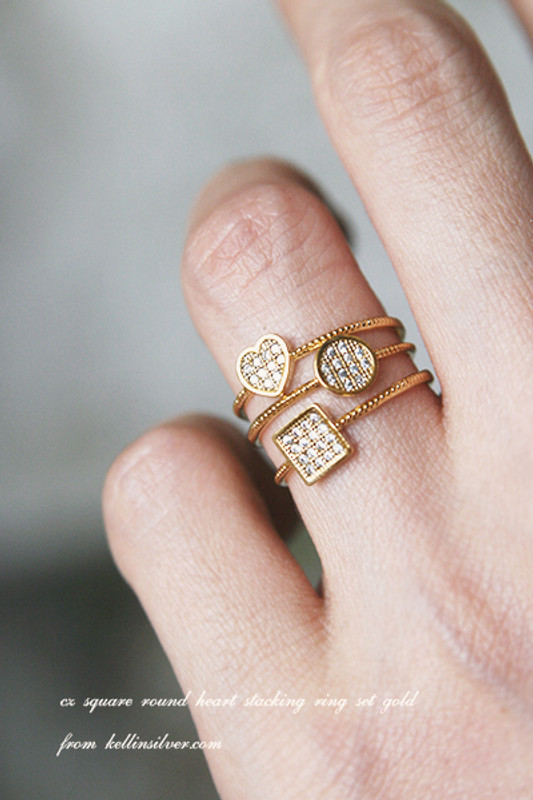 Pave Square Round Heart Stacking Ring Set Gold from kellinsilver.com