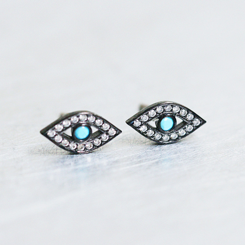 Tiny Turquoise Swarovski Black Evil Eye Studs Earring Sterling Silver from kellinsilver.com