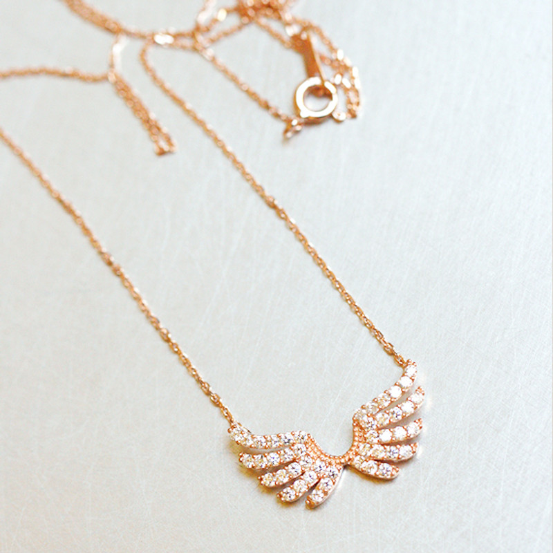 Pave Rose Gold Double Angel Wing Necklace Sterling Silver from kellinsilver.com