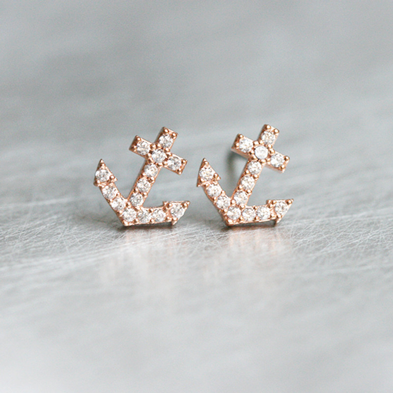 Swarovski Micro Pave Tiny Anchor Stud Earrings Rose Gold from kellinsilver.com