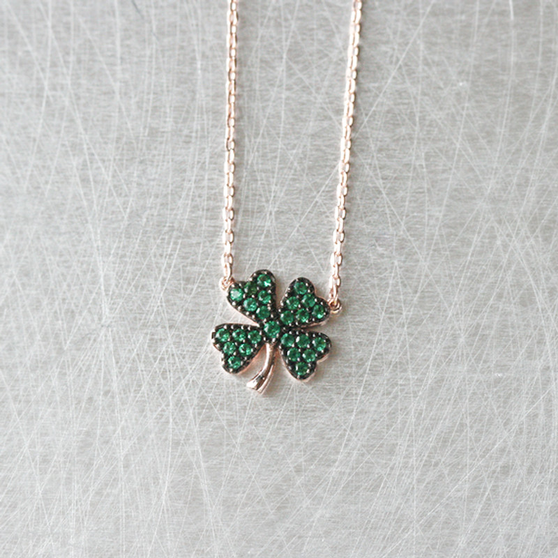 Emerald Green Four Leaf Clover Necklace Rose Gold from kellinsilver.com