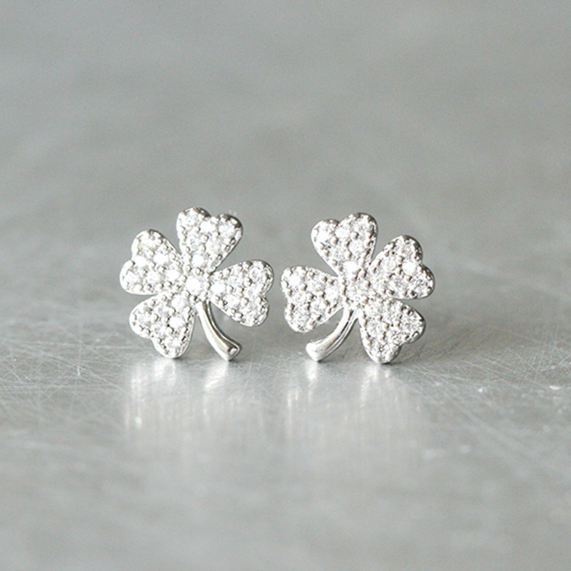 White Gold CZ Four Leaf Clover Earrings Sterling Silver from kellinsilver.com