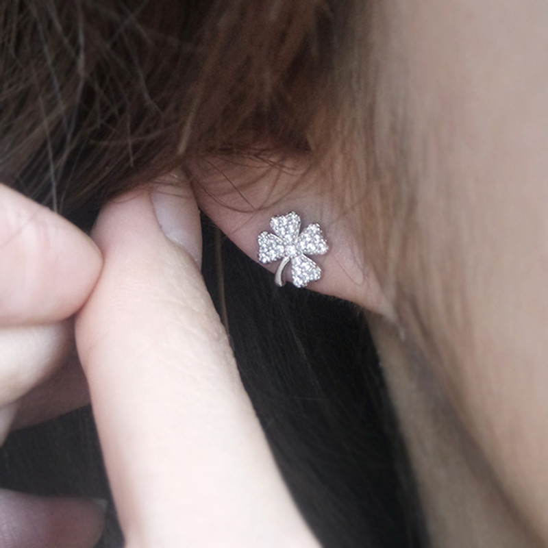White Gold CZ Four Leaf Clover Earrings Sterling Silver from kellinsilver.com