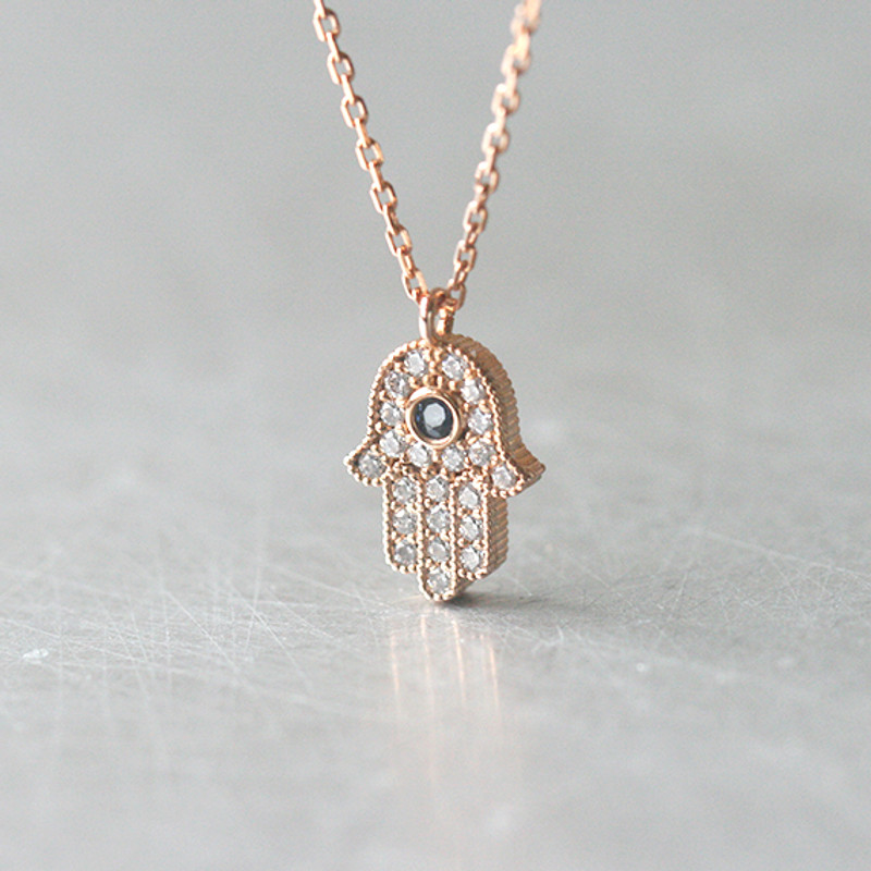 Sapphire Blue Rose Gold Hamsa Hand Evil Eye Necklace Sterling Silver from kellinsilver.com