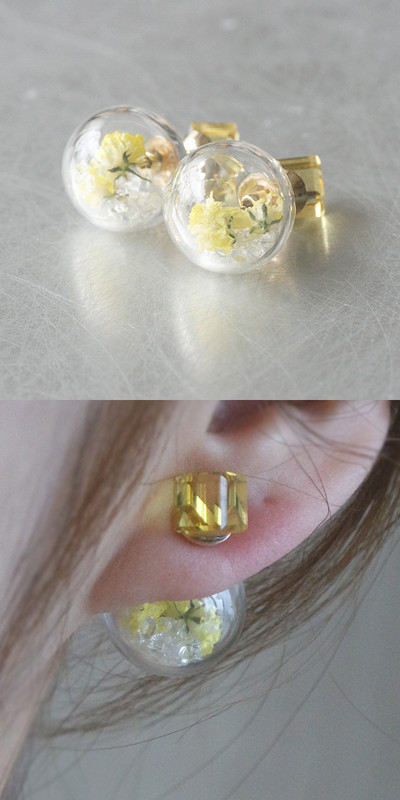 Yellow Cube Real Dried Flower in Ball Double Sided Earrings Stud from kellinsilver.com