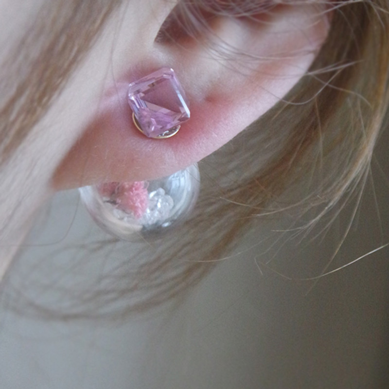 Pink Cube Real Dried Flower in Ball Double Sided Earrings Stud from kellinsilver.com