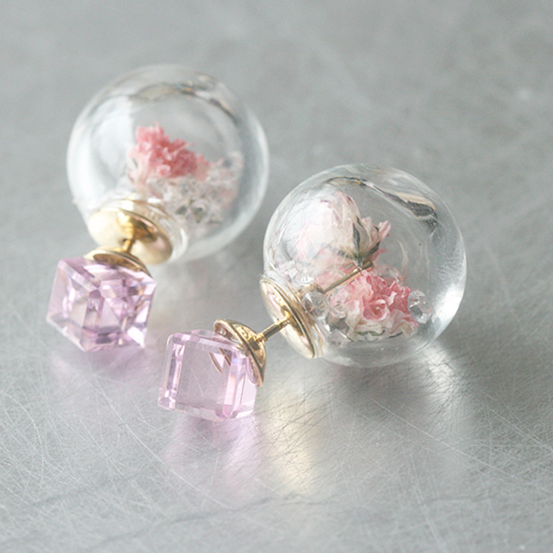 Pink Cube Real Dried Flower in Ball Double Sided Earrings Stud from kellinsilver.com