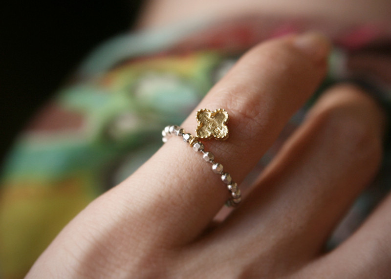 Gold Clover Charm Chain Ring Sterling Silver