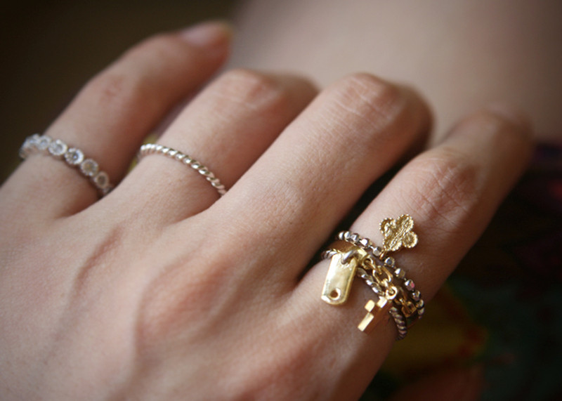 Gold Clover Charm Chain Ring Sterling Silver