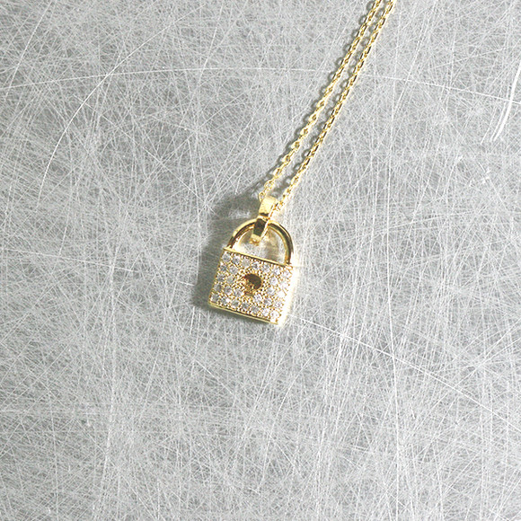 CZ Gold Lock Charm Necklace Sterling Silver - kellinsilver.com