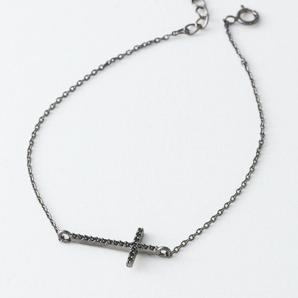 Black CZ Sideways Cross Bracelet Sterling Silver - kellinsilver.com