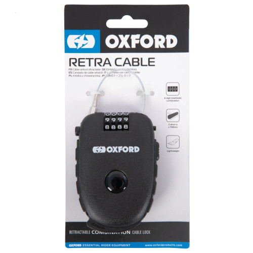 Oxford Retra Retractable Combination Cable Lock 120cm Motorcycle Motorbike Scooter Moped Travel lightweight Clothing Helmet Garment Bike Cycle Bicycle