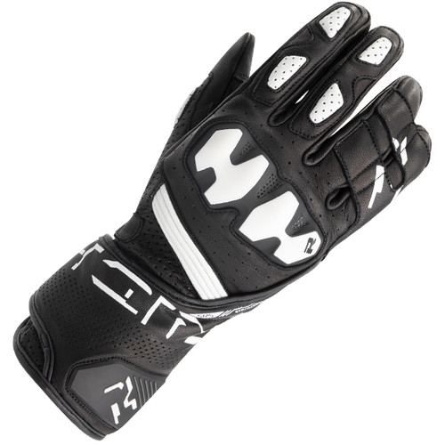 Richa RS86 motorcycle gloves featuring premium leather construction, perforated ventilation panels, TPU knuckle protection, D3O palm sliders, touchscreen-compatible fingertips and adjustable wrist closure for mid-season riding comfort and protection.