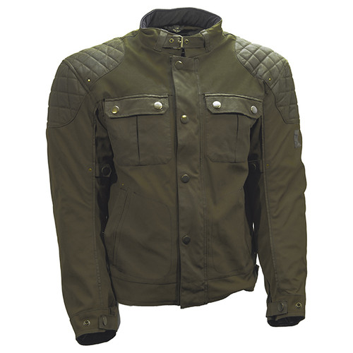 Richa Scrambler 2 wax cotton motorcycle jacket featuring a British Millerain waxed cotton outer, waterproof membrane, removable thermal liner, CE armour and classic heritage styling for all-weather riding.