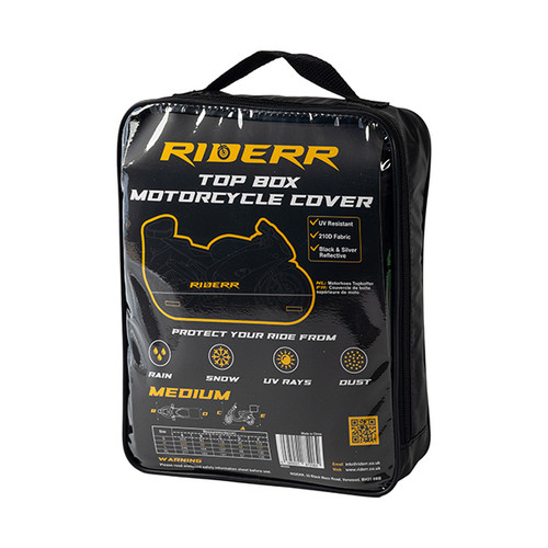 RIDERR motorcycle cover with top box compatibility, featuring weather-resistant protection against rain, dust and UV rays, reinforced lock access points and a secure fit for indoor and outdoor motorcycle storage.