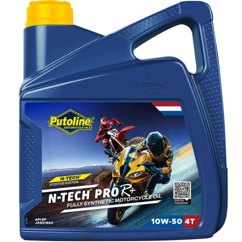 Putoline N-TECH Pro R+ 10W-50 fully synthetic motorcycle engine oil formulated for high-performance road and race bikes, delivering advanced engine protection, wet clutch performance, reduced wear and optimum lubrication in demanding conditions.