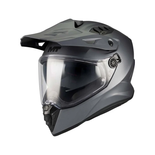 MT Track SV Pure adventure motorcycle helmet in Matt Grey, featuring a durable HIRP (High Impact Resistant Polymer) shell with an aerodynamic peak, integrated retractable sun visor, Pinlock® MaxVision-ready clear visor, advanced ventilation system, removable and washable comfort lining, Bluetooth intercom compatibility, micrometric buckle fastening, and ECE 22.06 safety certification for on-road and adventure riding