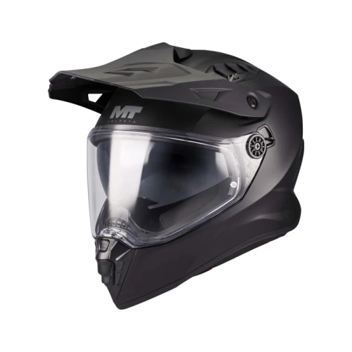 MT Track SV Pure adventure motorcycle helmet in Matt Black, featuring a durable HIRP (High Impact Resistant Polymer) shell with an aerodynamic peak, integrated retractable sun visor, Pinlock® MaxVision-ready clear visor, advanced ventilation system, removable and washable comfort lining, Bluetooth intercom compatibility, micrometric buckle fastening, and ECE 22.06 safety certification for on-road and adventure riding