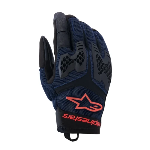 Alpinestars Manti Air men's motorcycle gloves featuring a lightweight, breathable design with 3D stretch mesh construction, leather palm, CE Level 1 knuckle protection, touchscreen-compatible fingertips, reinforced impact zones, pre-curved ergonomic fit, hook-and-loop wrist closure, and optimised ventilation for warm-weather road and adventure riding.