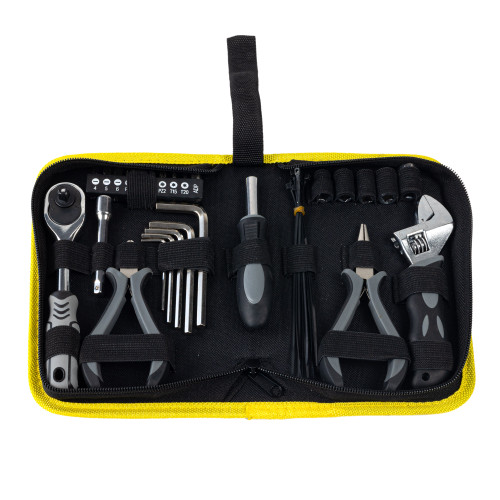 RIDERR Tool Kit Pro 27-piece premium motorcycle tool kit featuring durable carbon steel tools in a compact under-seat carry case. Includes long nose pliers, cutting pliers, adjustable wrench, hex keys, metric sockets, ratchet wrench, extension bar, screwdriver bits, bit holder, cable ties, and soft-grip handles, making it ideal for roadside repairs, routine maintenance, and touring.