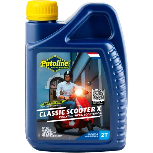 Putoline Classic Scooter X 2-stroke engine oil in a 1-litre bottle, specially formulated for classic scooters and suitable for use with premix and oil injection systems.
