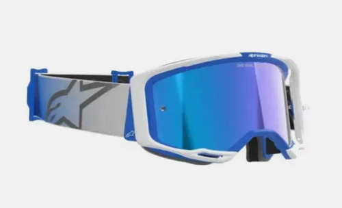 Alpinestars Vision 8 Corp motorcycle goggles in blue and white with mirror blue lens, designed for motorcycle and off-road riding with a comfortable fit, clear vision and durable construction.