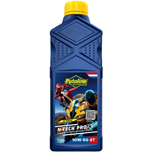 Putoline N-TECH Pro R+ 10W-50 fully synthetic motorcycle engine oil formulated for high-performance road and race bikes, delivering advanced engine protection, wet clutch performance, reduced wear and optimum lubrication in demanding conditions.