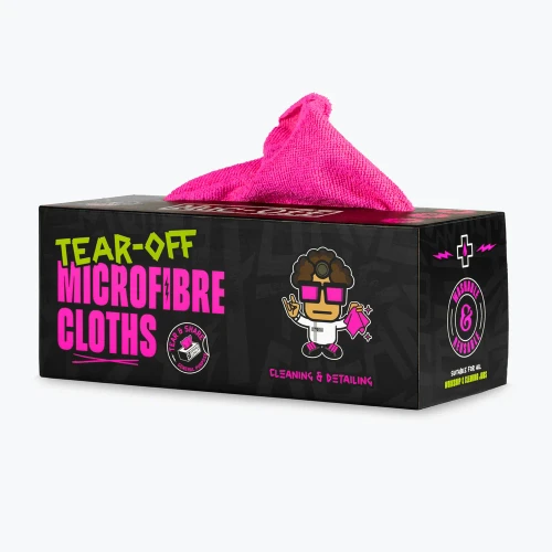 Muc-Off Tear-Off Microfibre Cloths, designed for cleaning and polishing motorcycle surfaces, with a soft, absorbent microfibre construction that helps remove dirt, grime and residue without scratching.