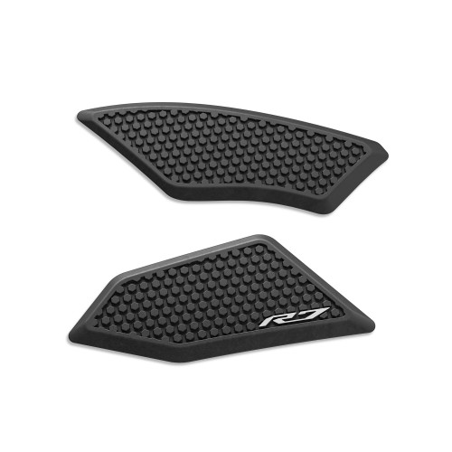 Genuine Yamaha R7 Tank Side Pads D42-SGP00-00-0M, black HD rubber adhesive tank grips with 3D R7 logo, designed to improve rider grip and protect the motorcycle from scratches and damage.