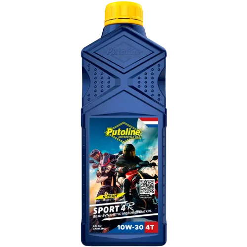 Putoline Sport 4R 10W-30 1 litre semi-synthetic 4-stroke motorcycle engine oil with N-TECH additive technology, JASO MA2 and API SN specifications for road, off-road and competition motorcycles.