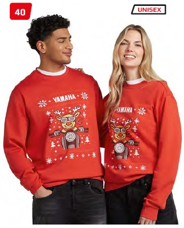 Yamaha Unisex XMAS Sweater 2027 in red, festive Christmas jumper featuring a Yamaha-themed reindeer motorcycle graphic, snowflake design, ribbed cuffs and hem, and soft French terry fabric.
